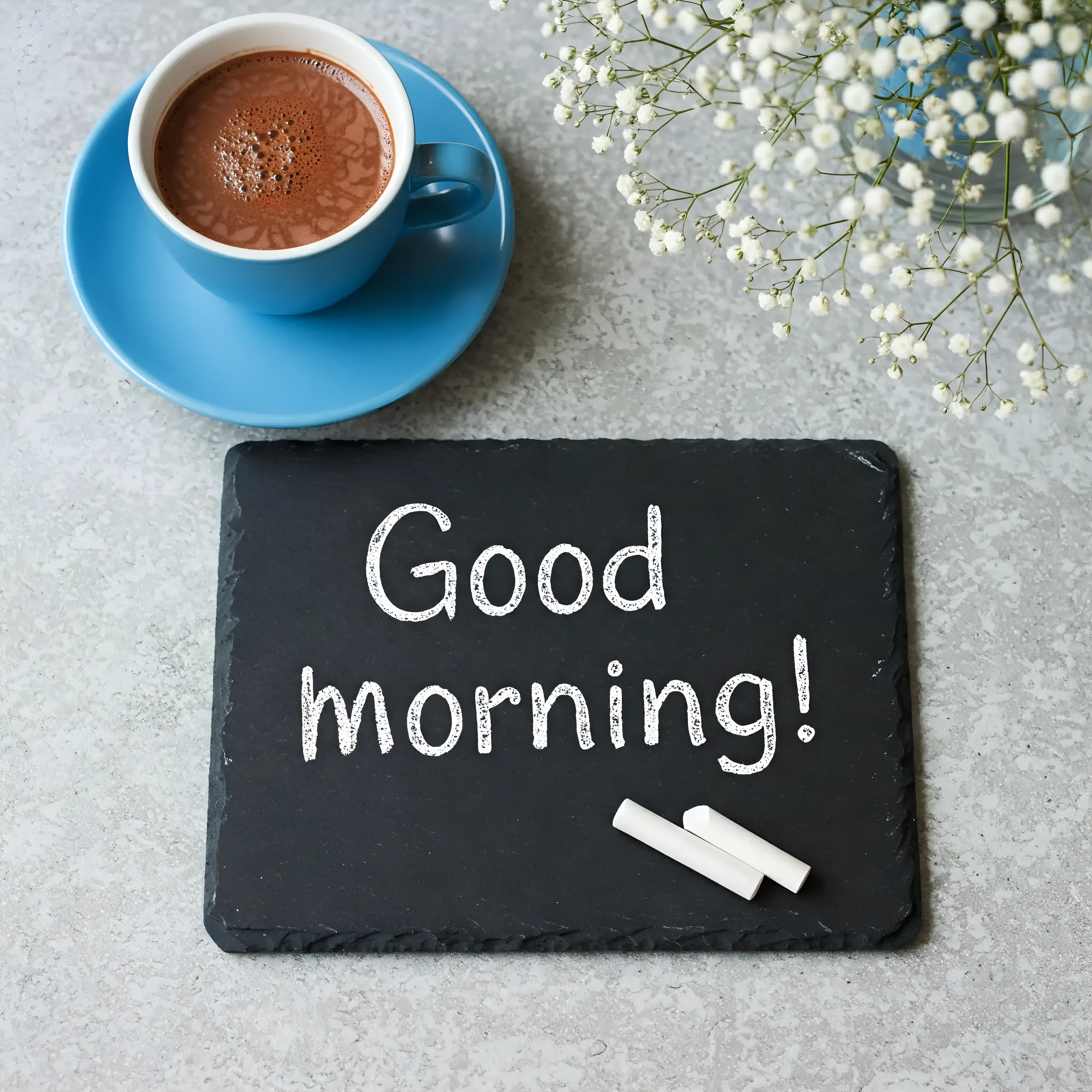 Good Morning Message with Coffee Cup and Chalkboard on Bright Background