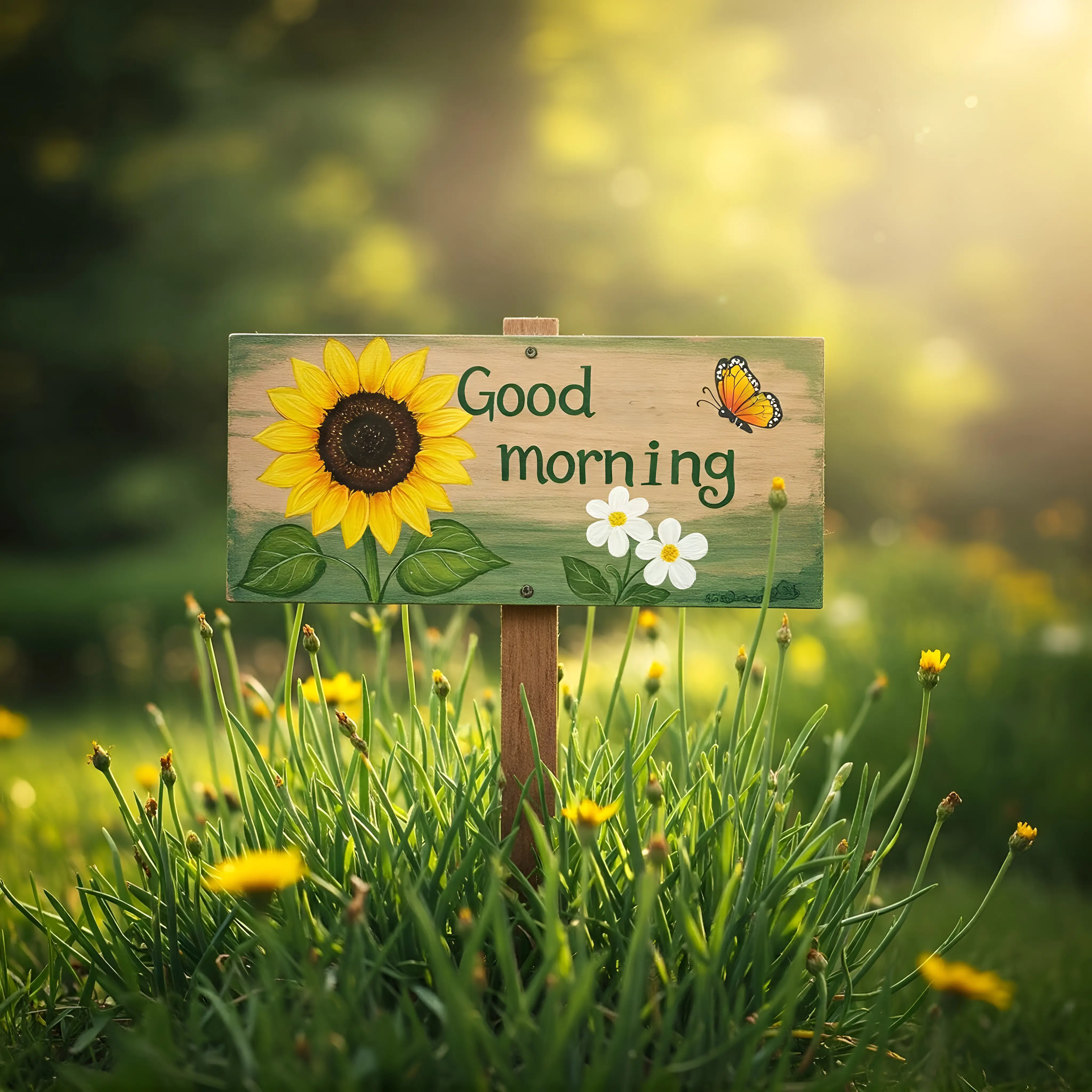 Hand-Painted Good Morning Sign With Sunflowers in Sunny Field