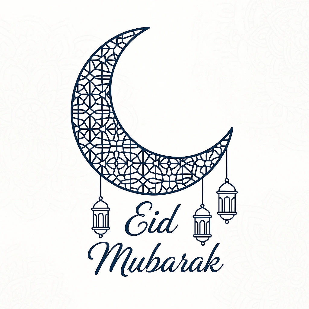 Decorative Crescent Moon with Lanterns Celebrating Eid Mubarak Holiday