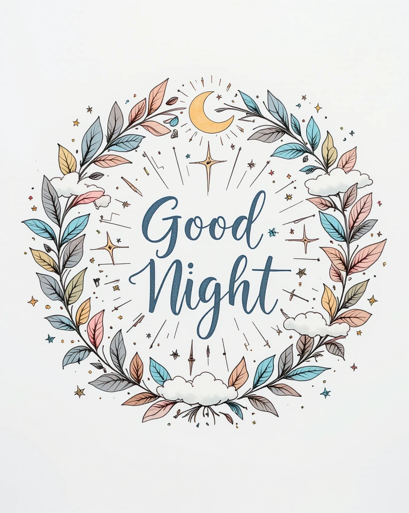 Decorative Good Night Illustration with Floral Elements and Moon Motif