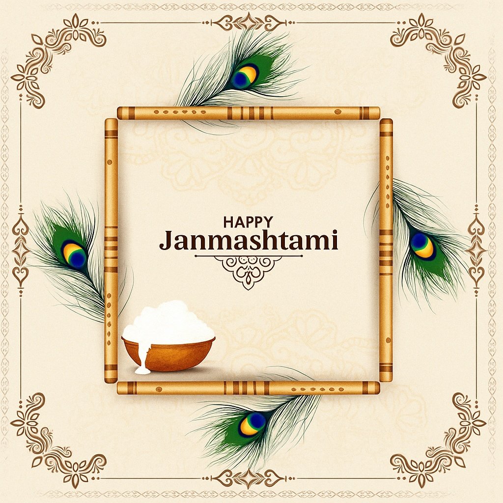 Decorative Happy Janmashtami Card with Flute, Peacock Feathers, and Butter Pot