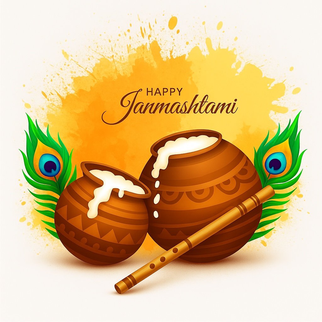 Decorative Janmashtami Design with Flute, Earthen Pots, and Peacock Feathers
