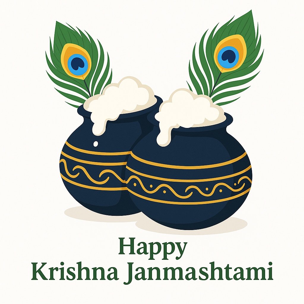 Decorative Pot Illustration Celebrating Krishna Janmashtami with Butter and Peacock Feathers