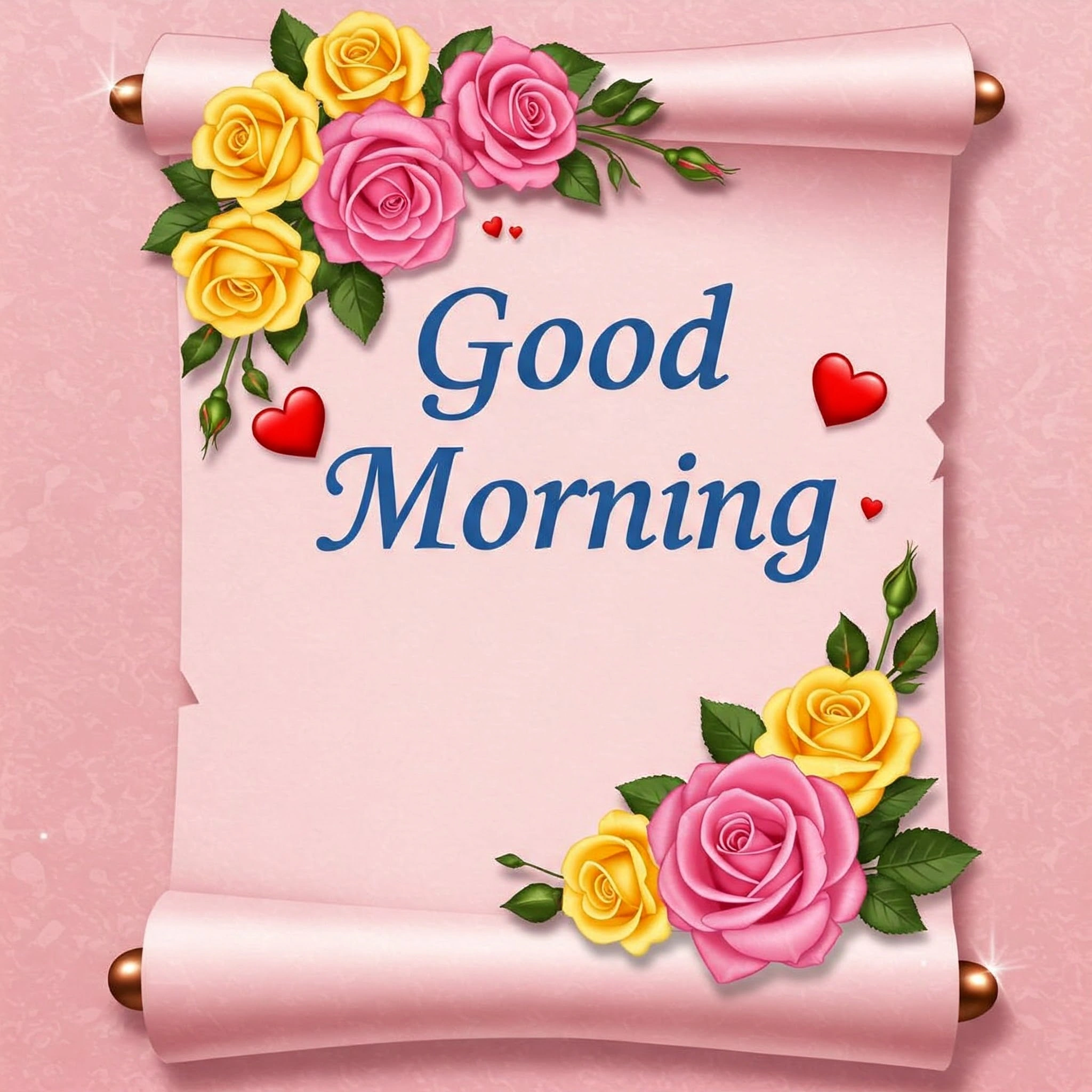 Decorative Scroll with Roses and Good Morning Greeting on Pink Background