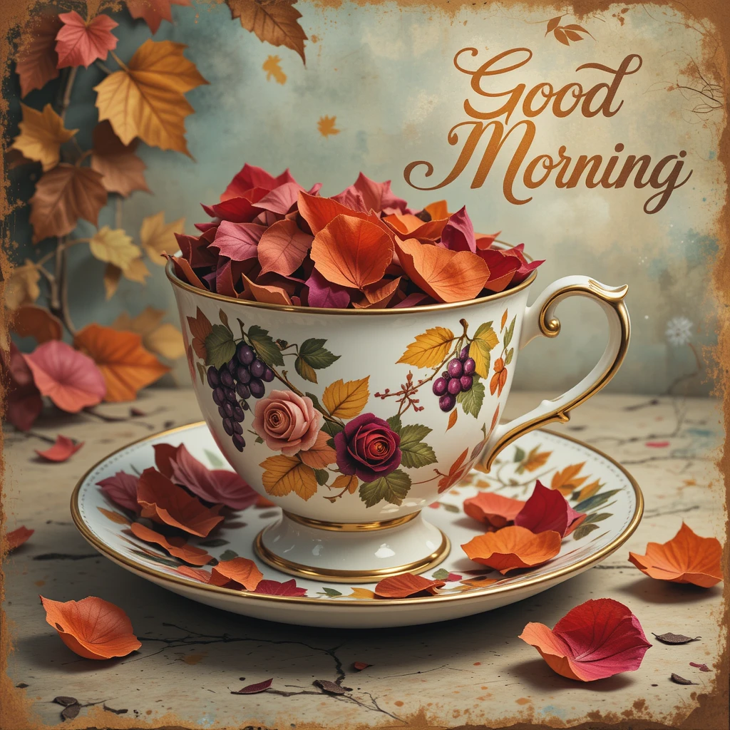 Decorative Teacup Filled With Autumn Leaves and a Good Morning Message