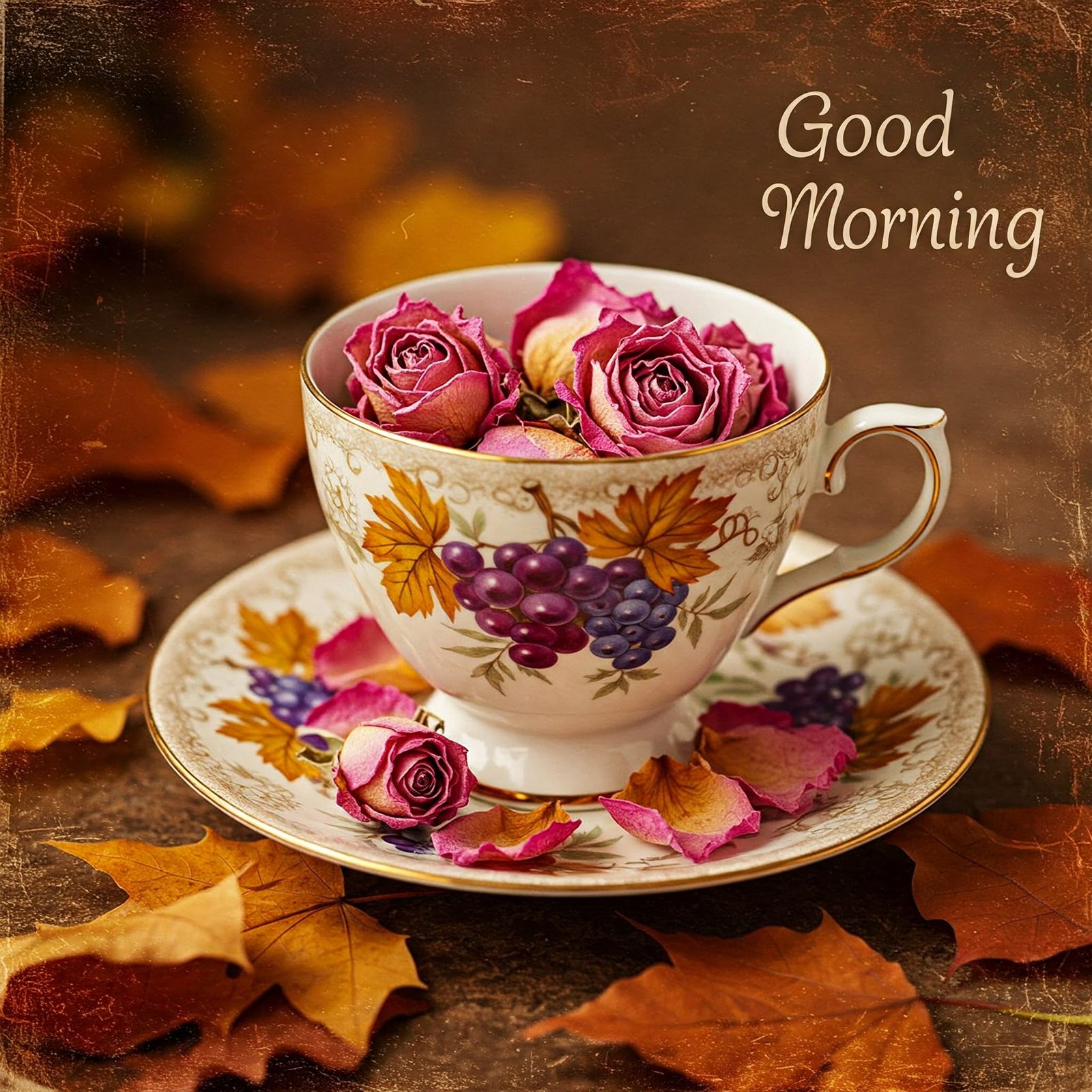Decorative Teacup Filled with Roses on Autumn Leaves with Good Morning Message