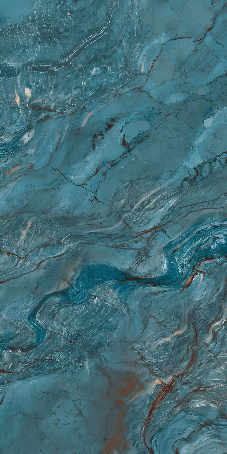 Deep Teal Blue Marble Tile Rust Veining