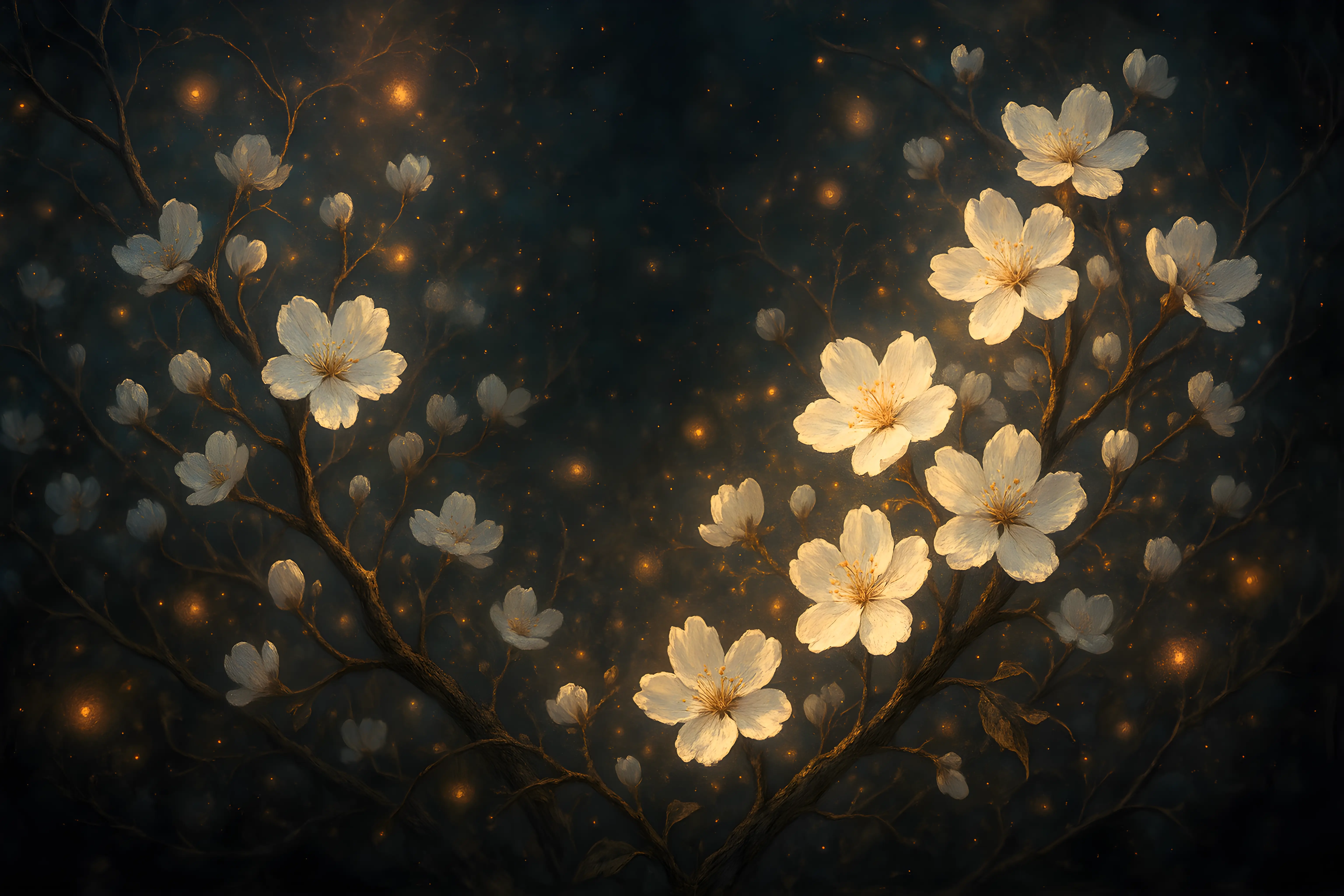 Delicate Blossoms on Branches with Glowing Light in a Mystical Setting