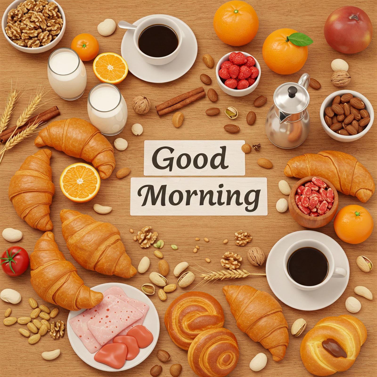 Delicious Breakfast Spread with Croissants, Coffee, Fruits, and Nuts
