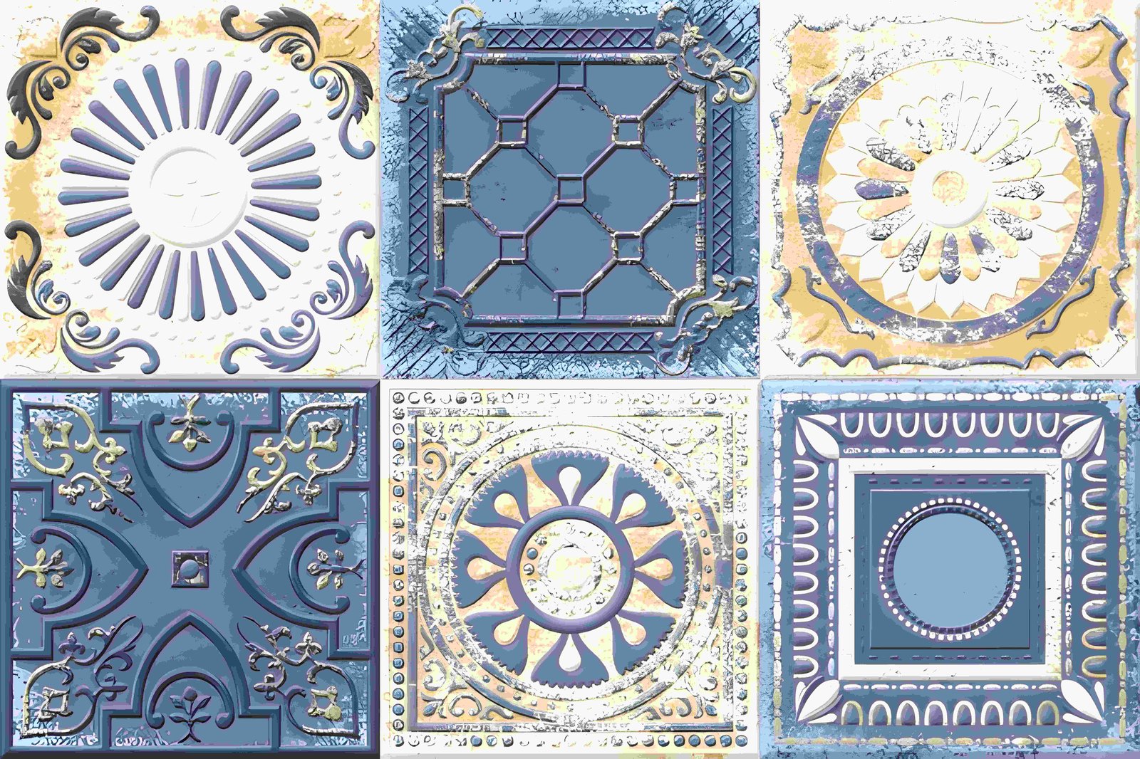 Distressed Blue and Gold Embossed Wall Tile