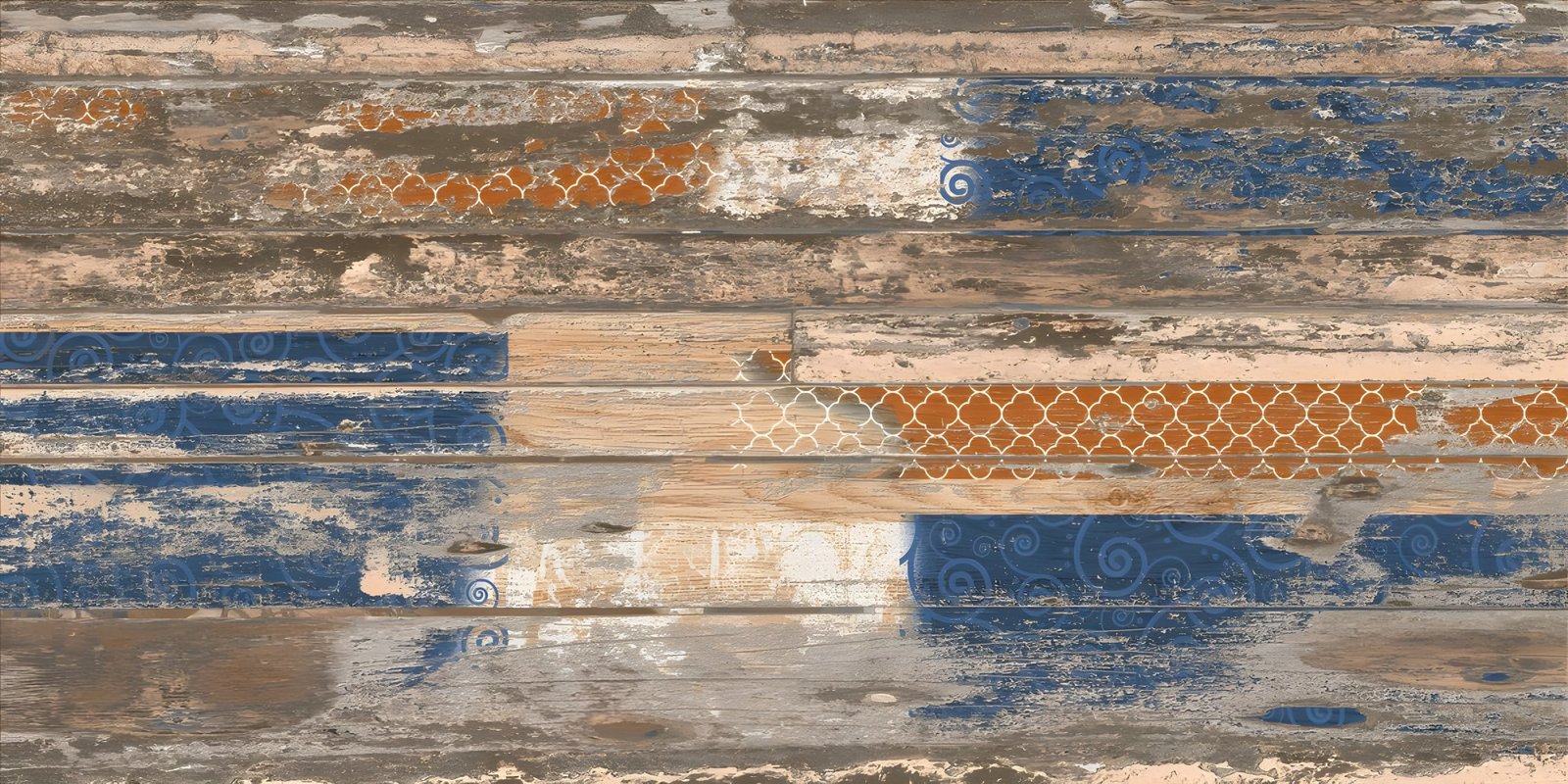 Distressed Wood Planks with Boho Pattern Texture