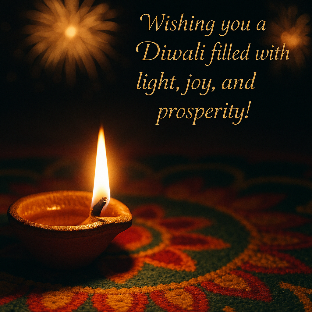 Diwali Celebration Diya Light with Festive Happiness Message on Colorful Rangoli