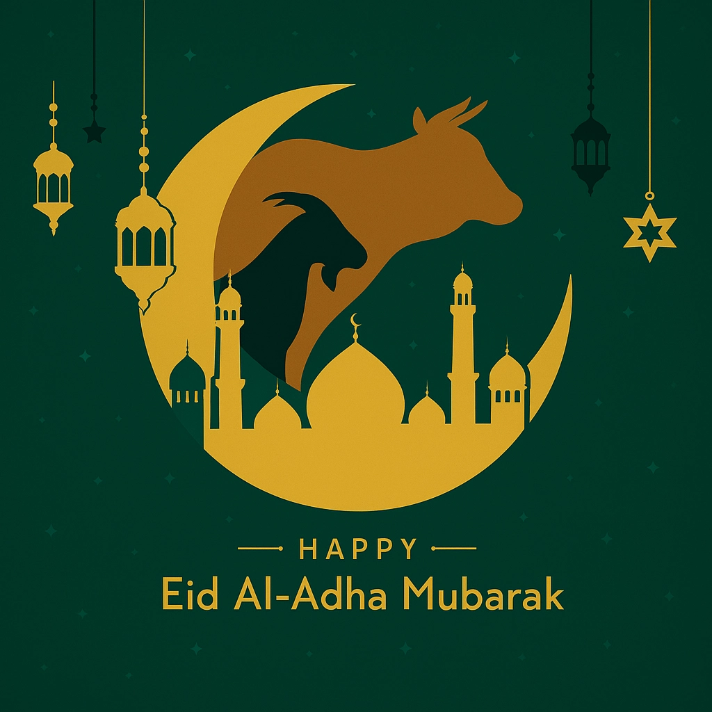Eid Al-Adha Celebration with Animals and Lantern Decorations on Green Background