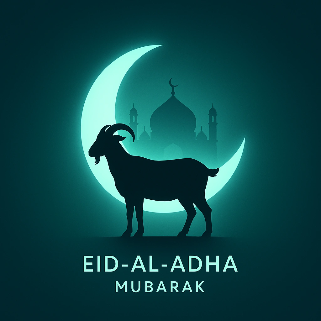 Eid al-Adha Greeting With Goat Silhouette and Crescent Moon in Background