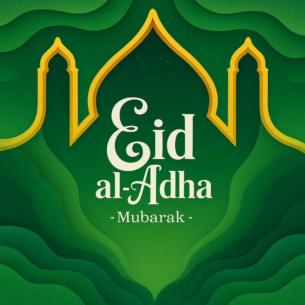 Eid Al-Adha Mubarak Greeting Card With Green Elegance and Mosque Outlines