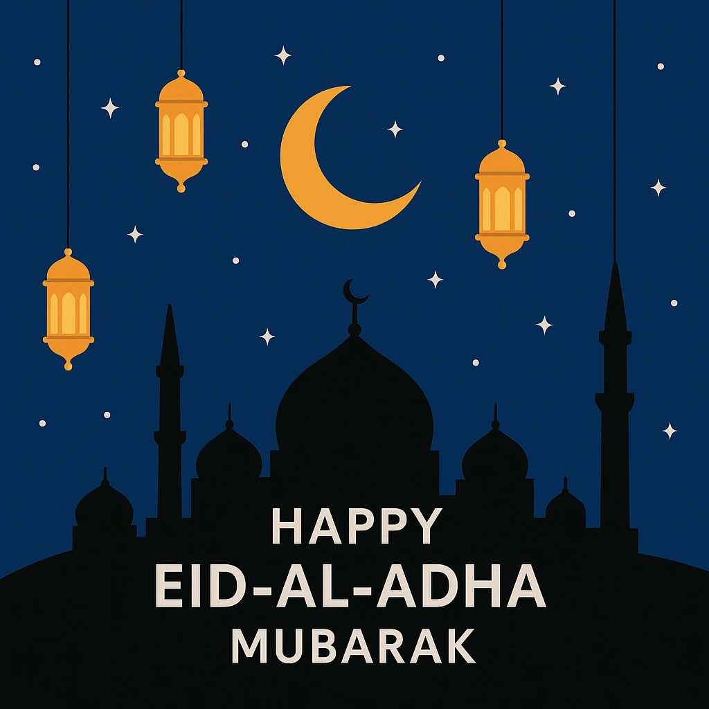 Eid Celebration With Lanterns, Crescent Moon, and Mosque Silhouette