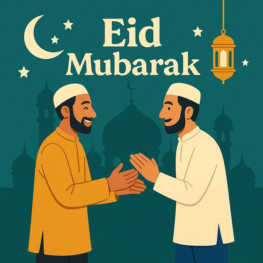 Eid Mubarak Celebration with Two Men Greeting Each Other Near Mosque