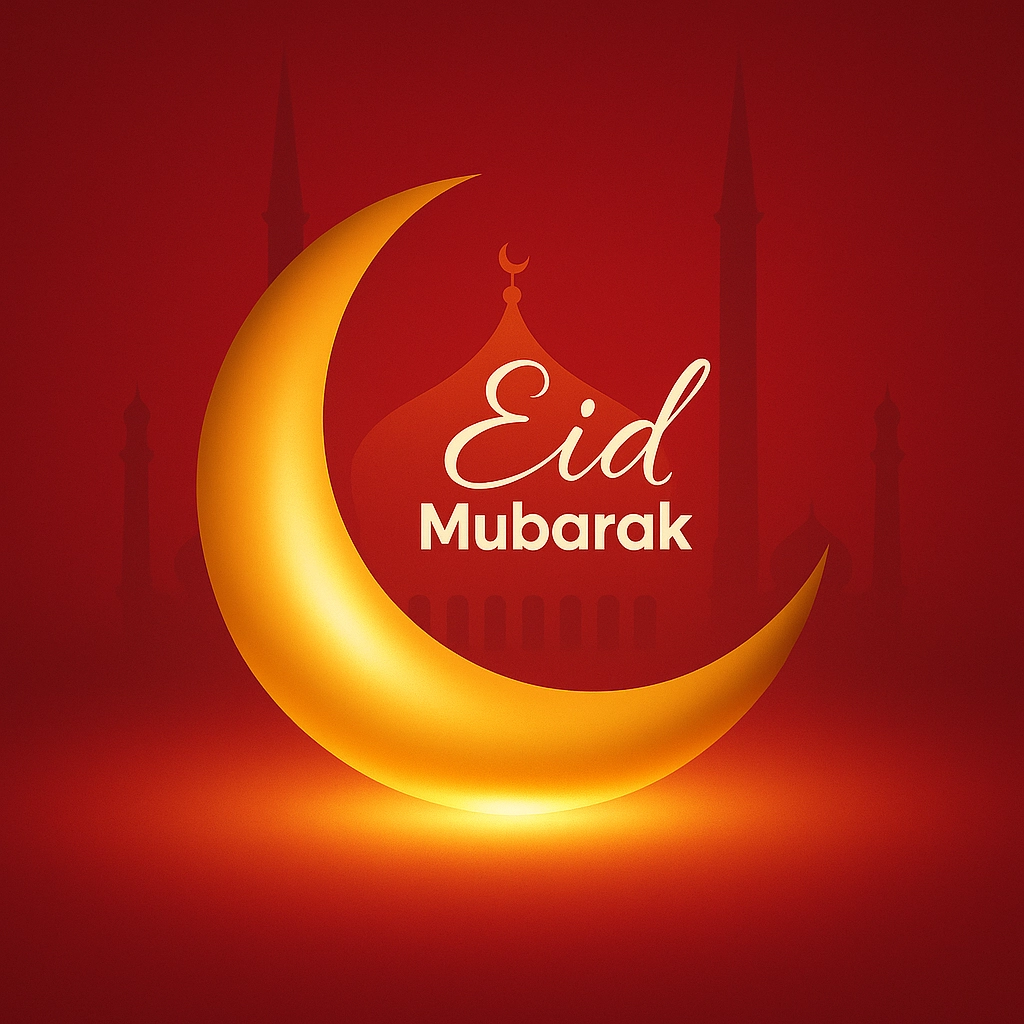 Eid Mubarak Greeting Card Featuring Crescent Moon and Mosque Silhouette in Red Hue