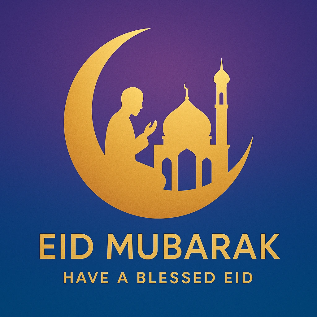 Eid Mubarak Greeting Card Featuring Golden Crescent and Mosque Silhouette