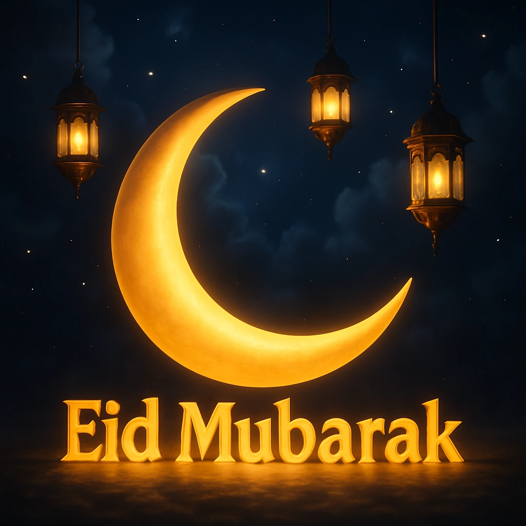 Eid Mubarak Greeting with Crescent Moon and Holiday Lamps in Night Sky