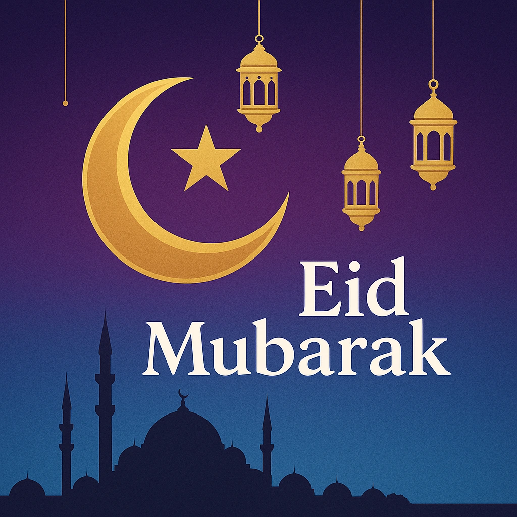Eid Mubarak Greeting with Crescent Moon and Lanterns Design