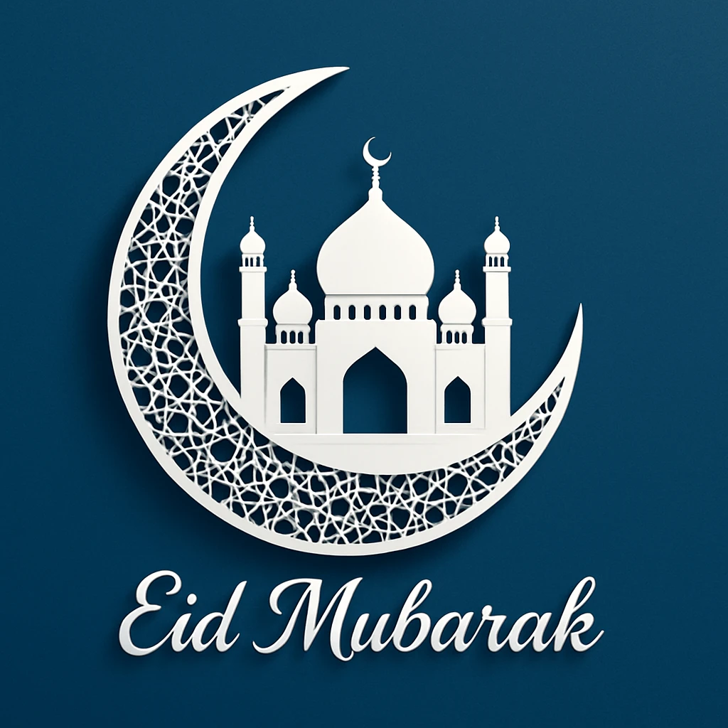 Eid Mubarak Greeting With Crescent Moon and Mosque Design