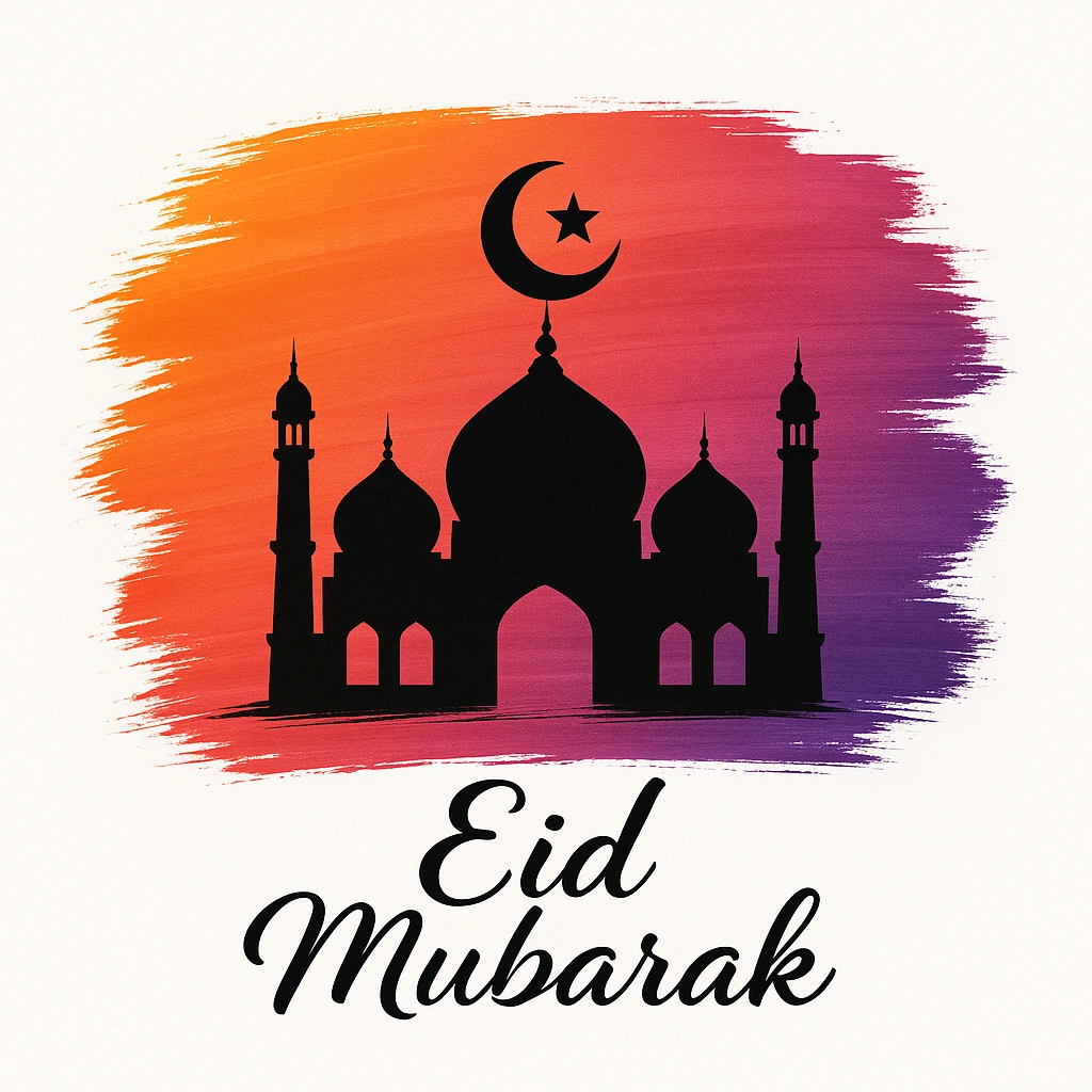 Eid Mubarak Greeting with Mosque Silhouette and Vibrant Gradient Background