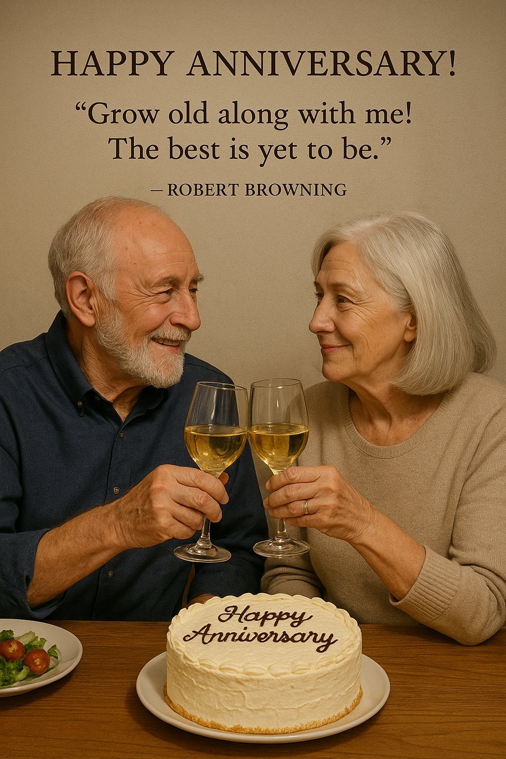 Elderly Couple Celebrating Anniversary with Cake and Wine Toast