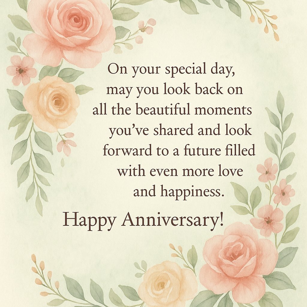 Elegant Anniversary Greeting Card With Floral Illustrations and Warm Message