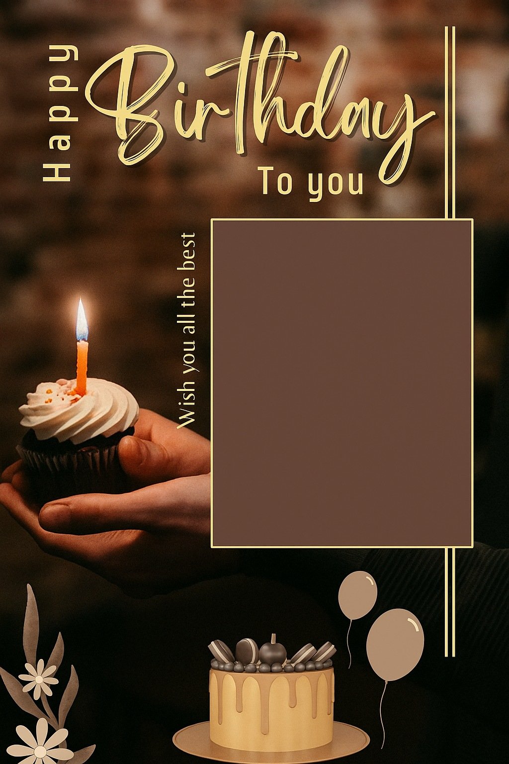 Elegant Birthday Card Design Featuring Candlelit Cupcake and Festive Elements