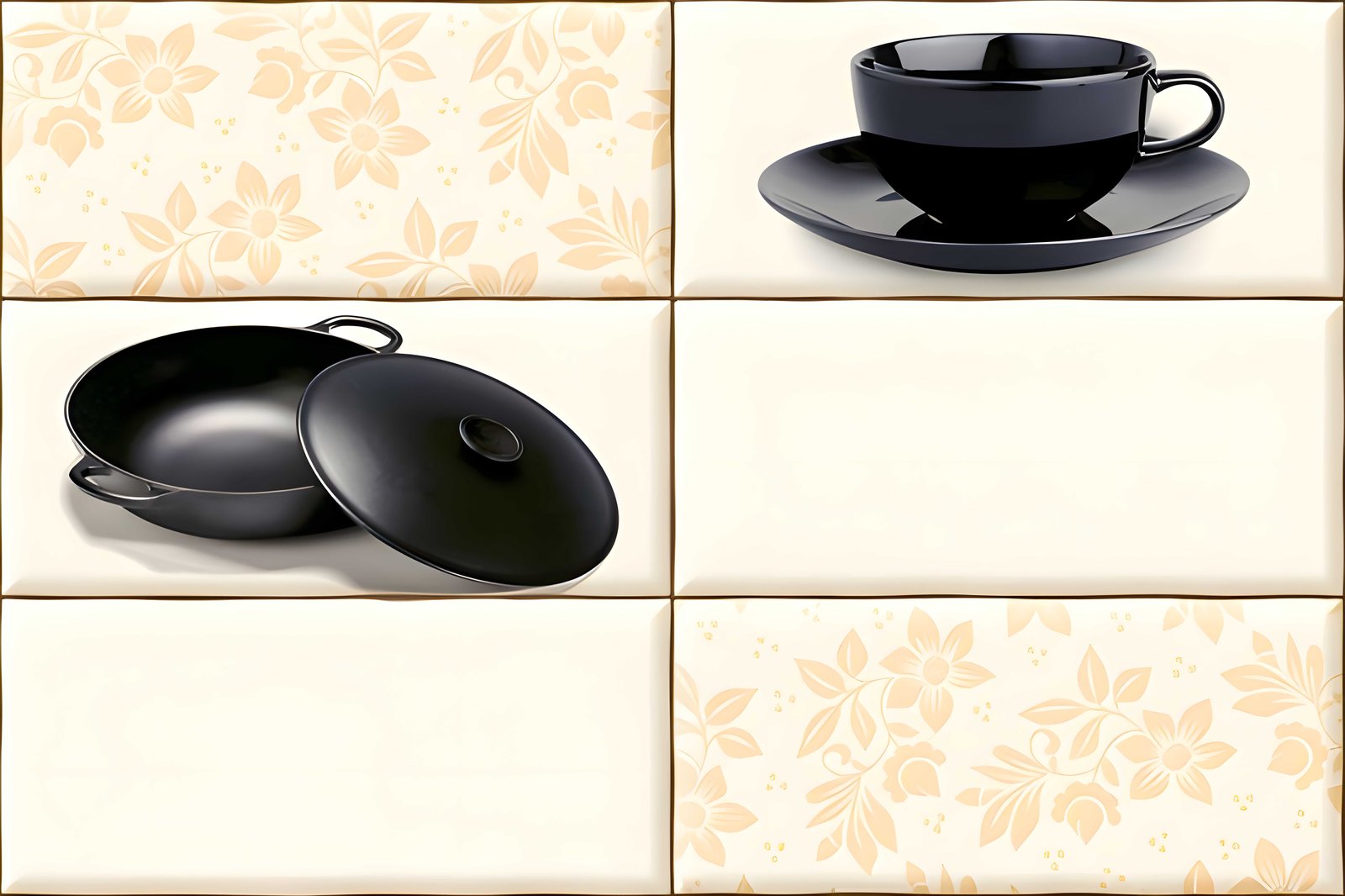 Elegant Black Cookware Set With Lids And Teacup On Floral Cream Tiles In Home Kitchen Decor