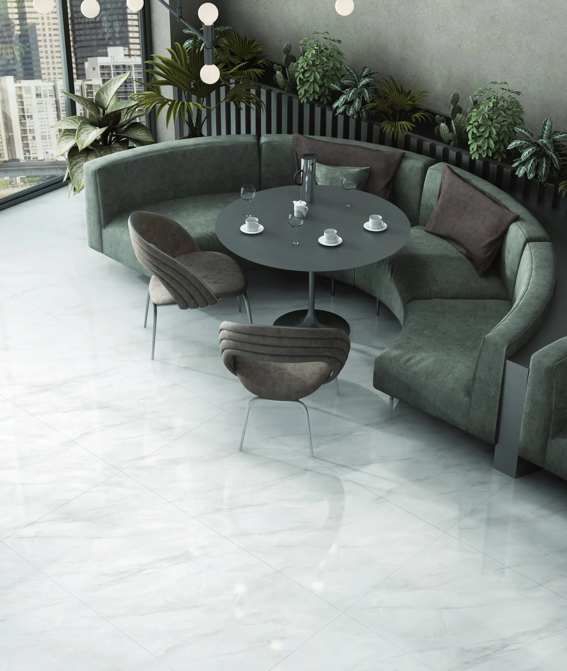 Elegant Cafe Design with Modern Marble-Look Flooring