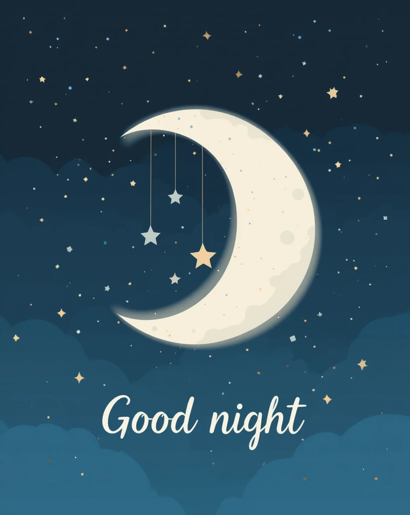 Elegant Crescent Moon Among Stars with Good Night Message