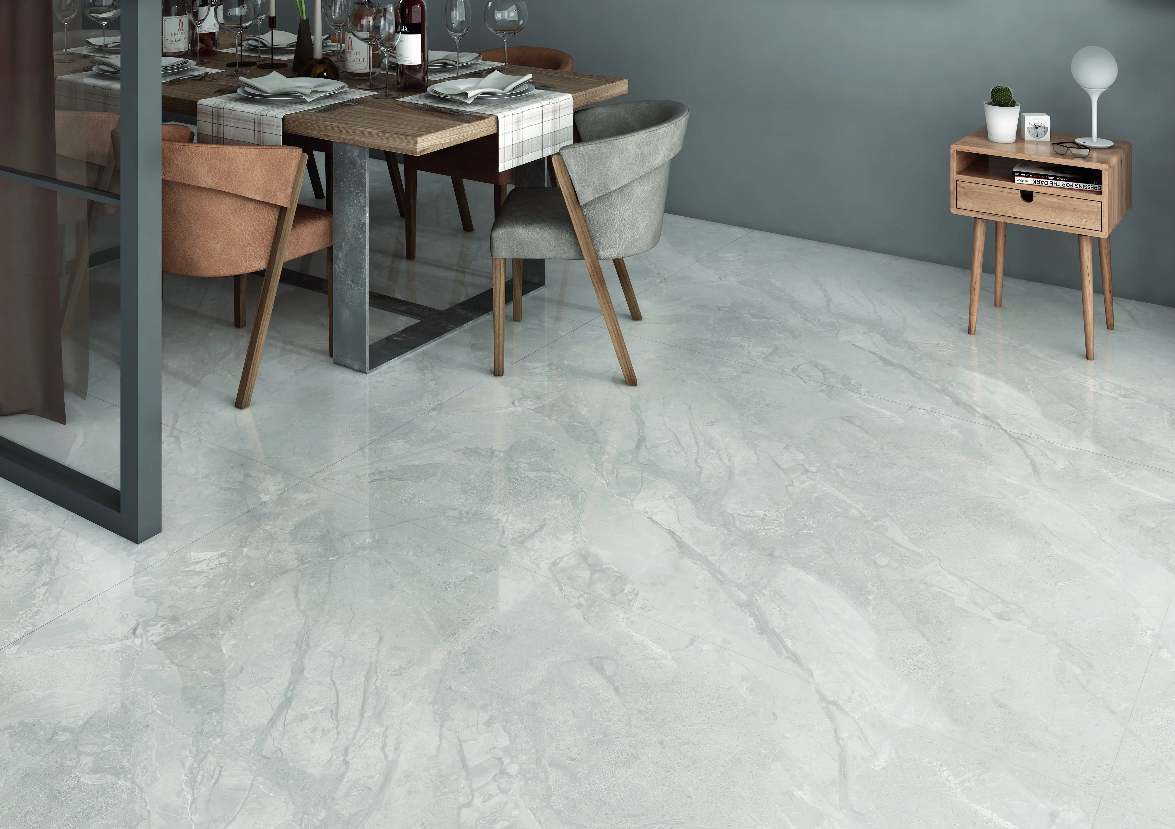 Elegant Dining Room Interior with Marble Flooring and Modern Furniture