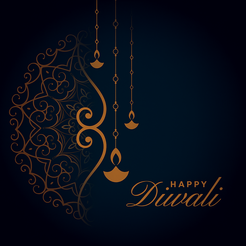 Elegant Diwali Card with Golden Lamp Ornament and Intricate Design on Dark Background