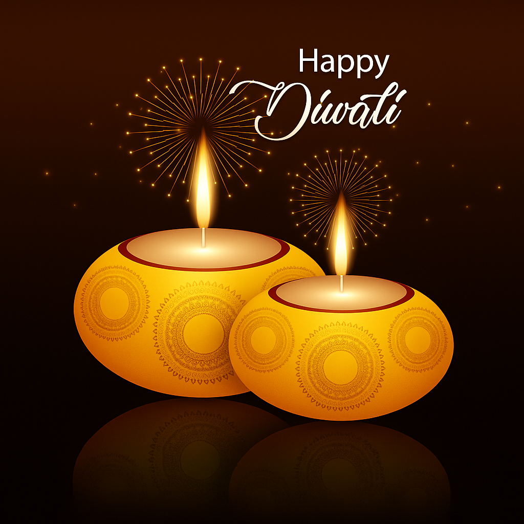 Elegant Diwali Celebration Featuring Decorative Diyas and Fireworks in Festive Warm Tones