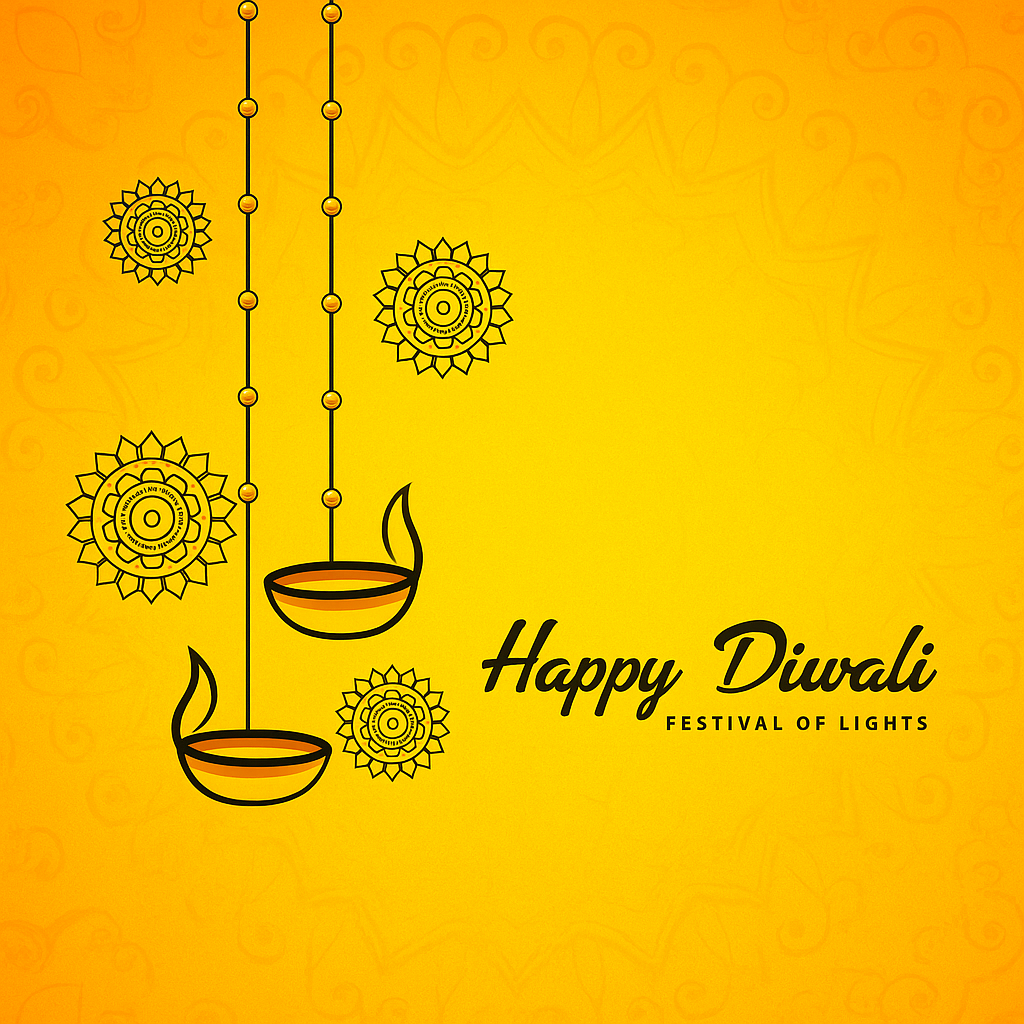 Elegant Diwali Greeting With Decorative Diyas and Radiant Yellow Background