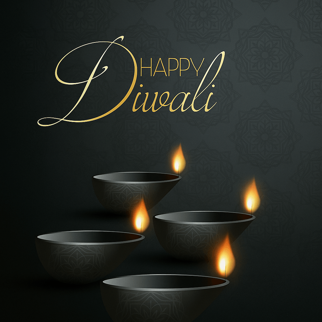 Elegant Diwali Greeting with Illuminated Oil Lamps on a Dark Background