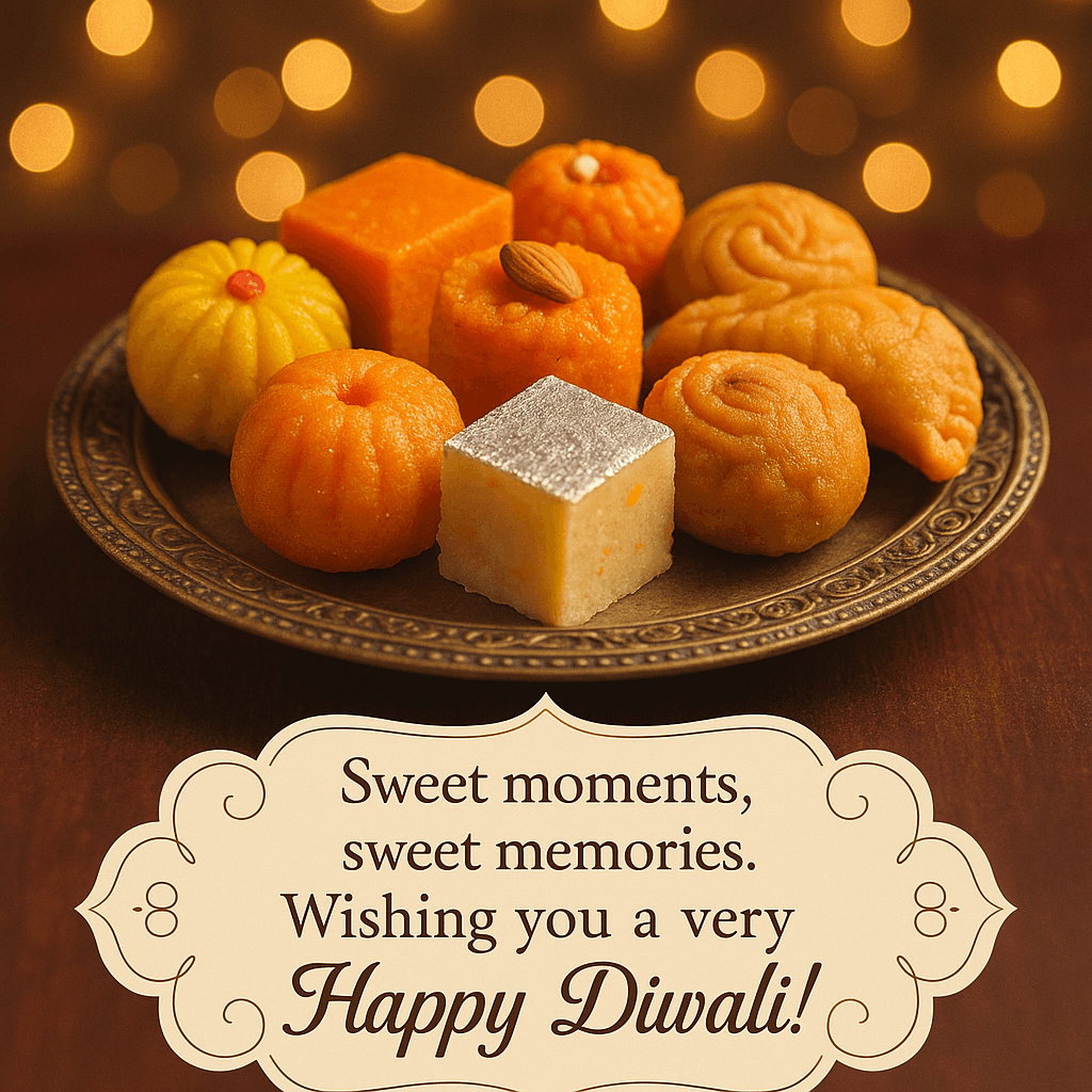 Elegant Diwali Sweets Plate with Festive Greetings and Warm Lighting
