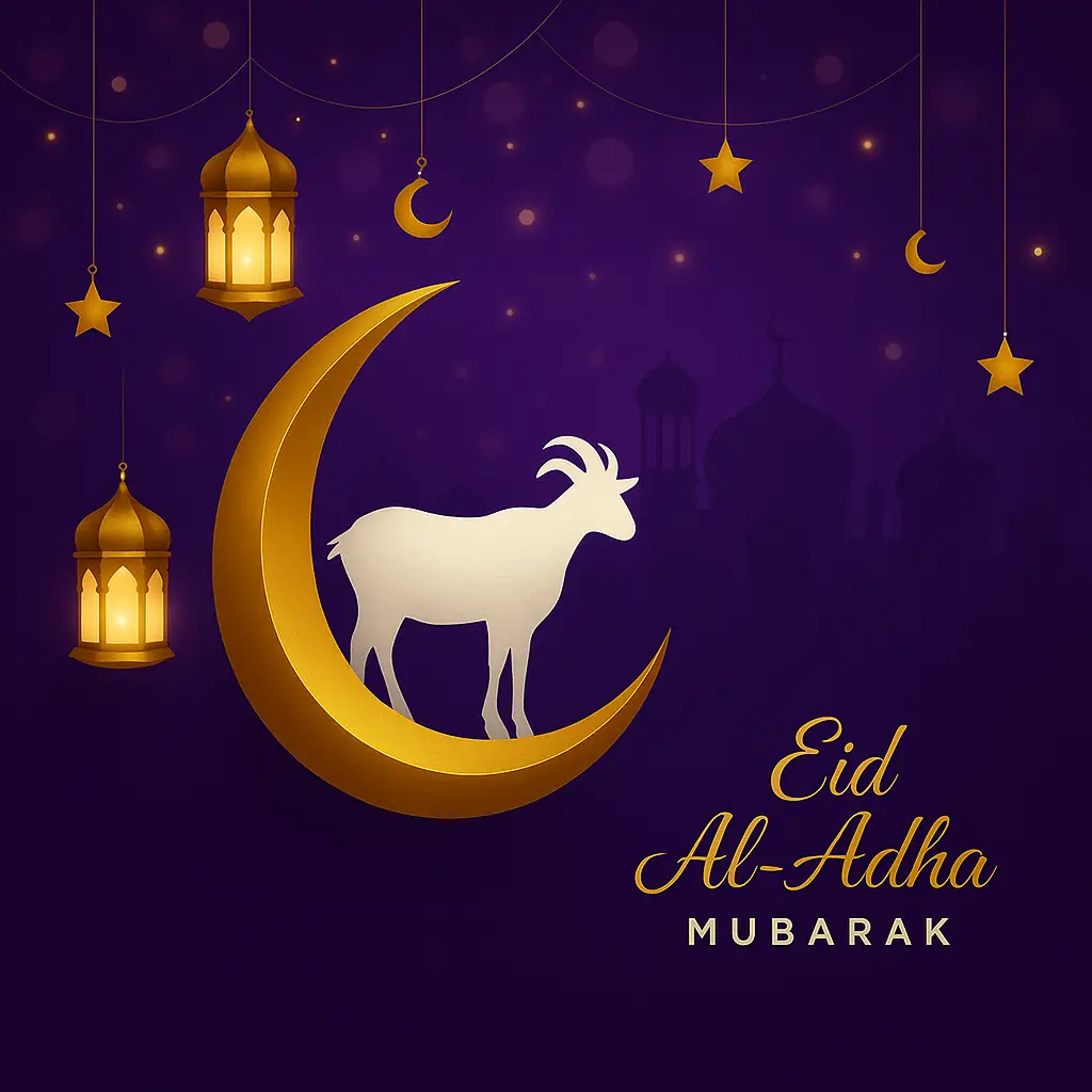 Elegant Eid Al-Adha Greeting Featuring Lanterns, Crescent Moon, and Goat Silhouette