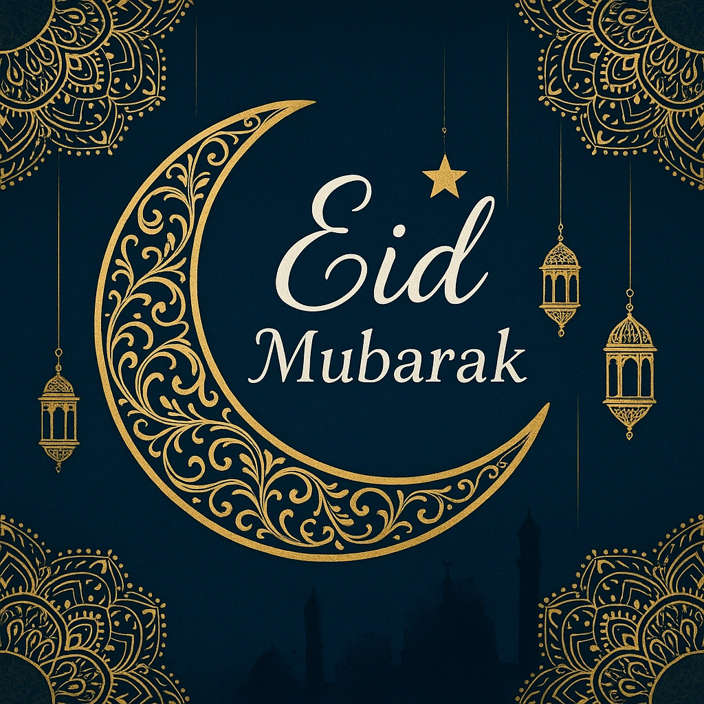 Elegant Eid Mubarak Design Featuring Crescent Moon and Lantern Decorations