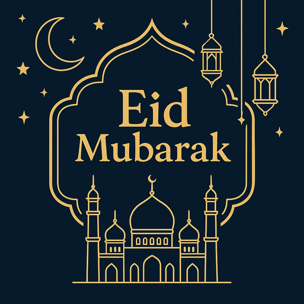 Elegant Eid Mubarak Design with Gold Lanterns and Mosque Art on Dark Background