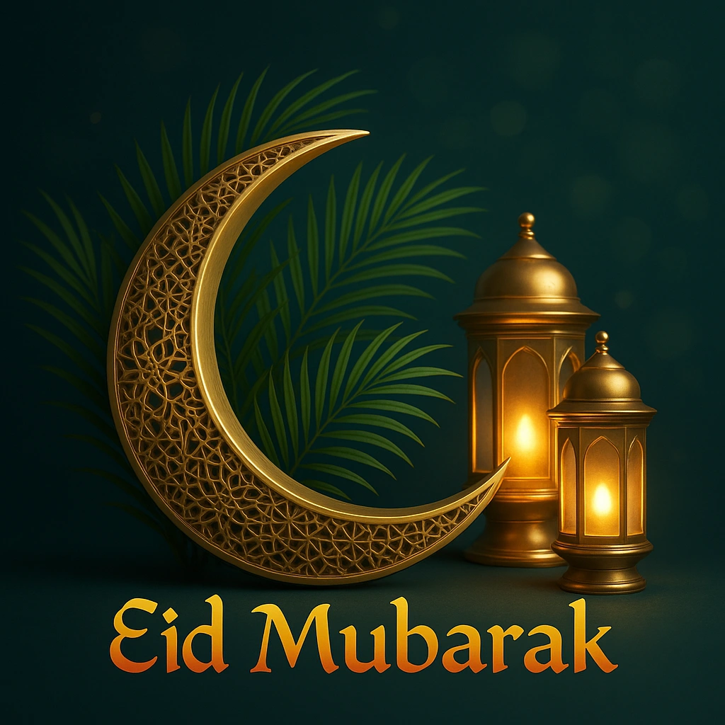 Elegant Eid Mubarak Golden Crescent and Lanterns with Graceful Palm Leaves