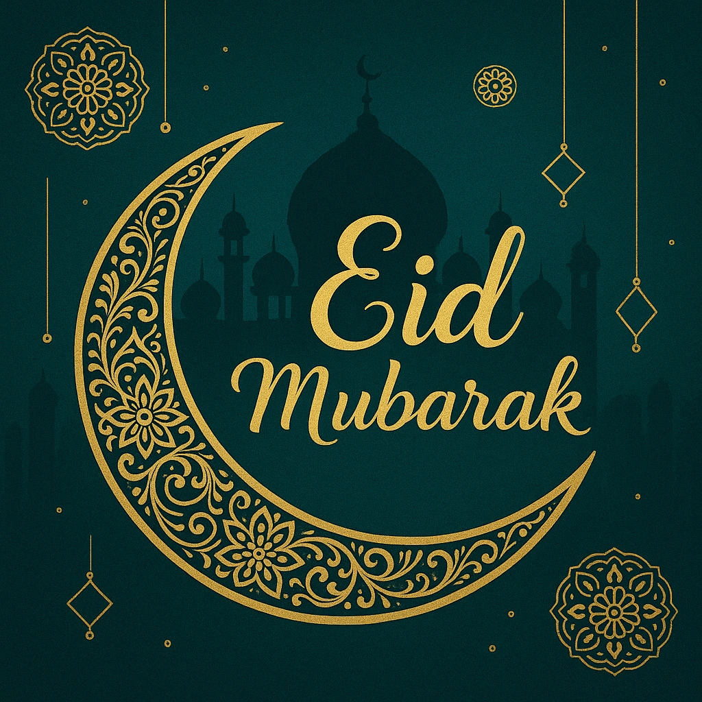 Elegant Eid Mubarak Greeting Card with Crescent Moon and Mosque Silhouette