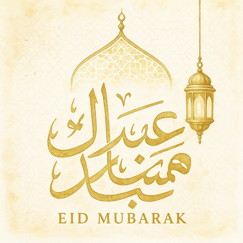 Elegant Eid Mubarak Greeting Card with Golden Arabic Calligraphy and Lantern