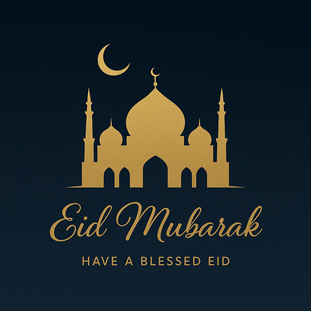 Elegant Eid Mubarak Greeting Card with Mosque and Crescent Moon Design
