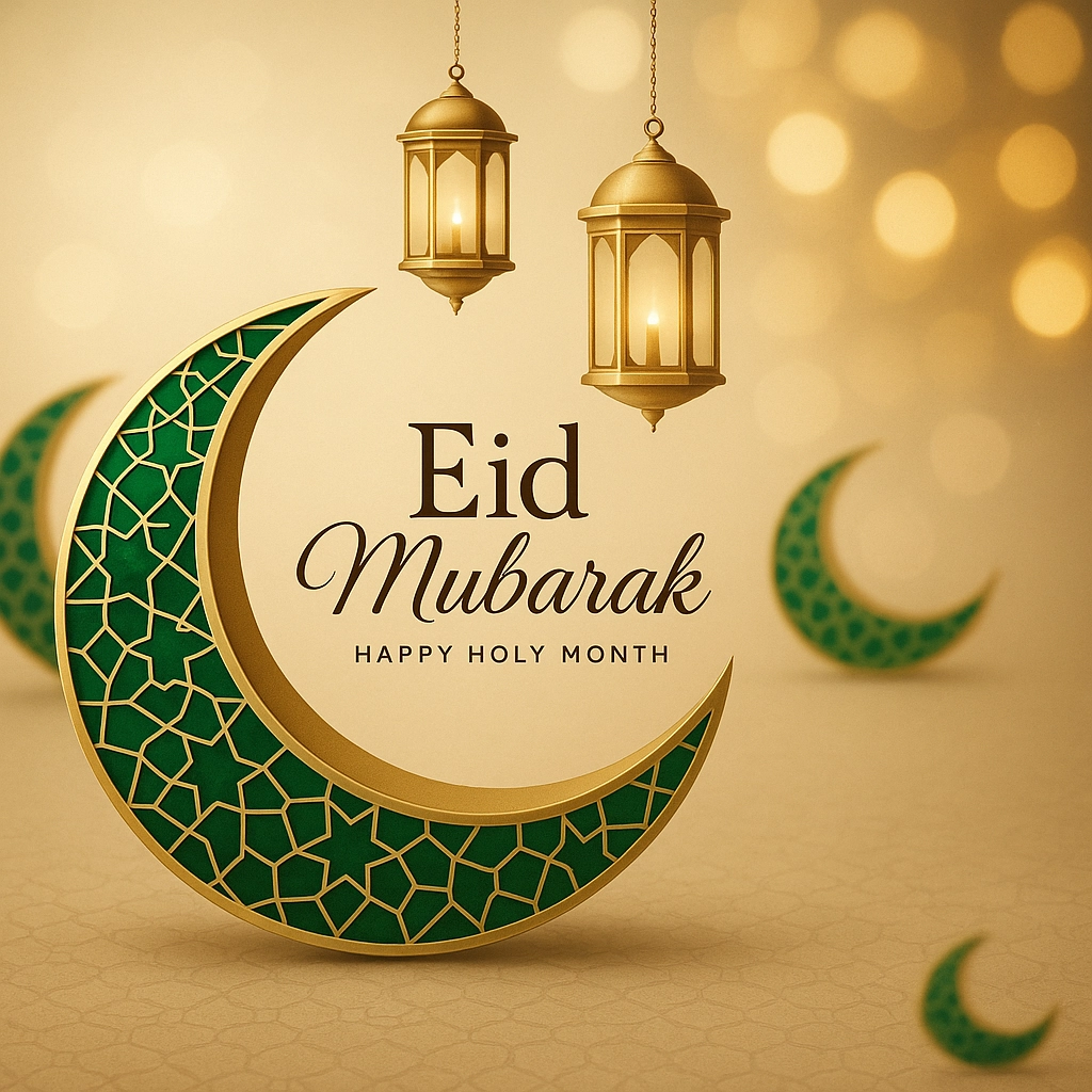 Elegant Eid Mubarak Greeting With Lanterns and Crescent Design
