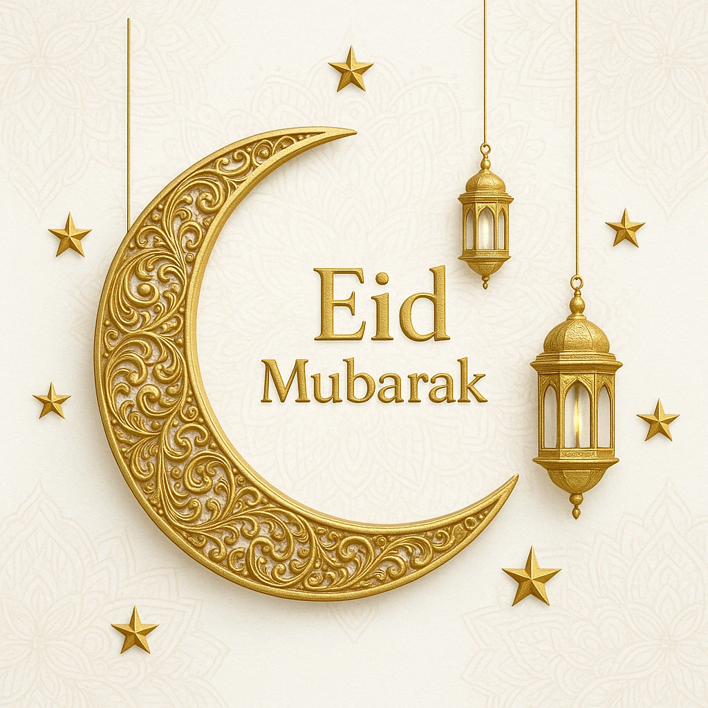 Elegant Eid Mubarak Greeting with Lanterns and Crescent Moon