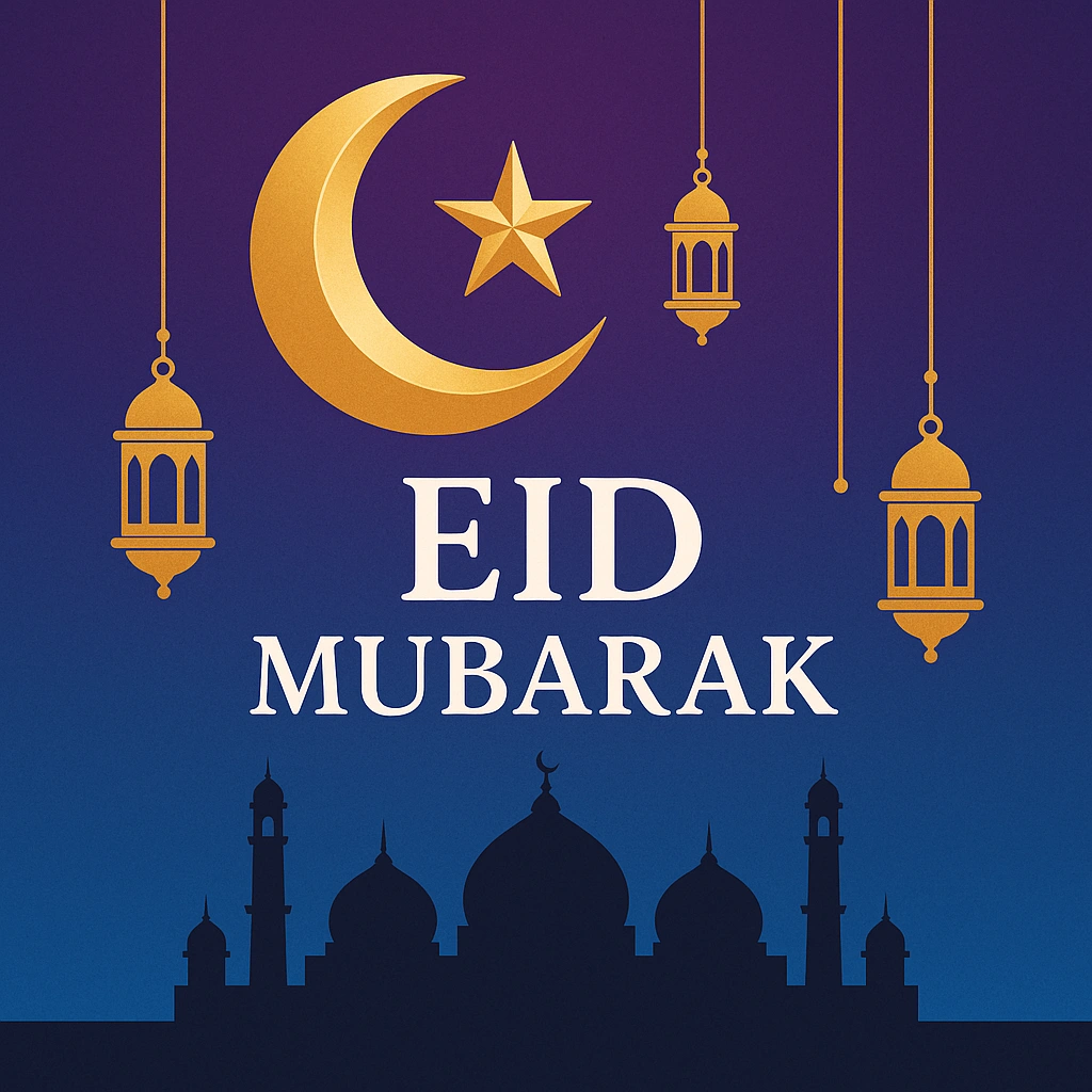 Elegant Eid Mubarak Poster Featuring Crescent Moon and Hanging Lanterns