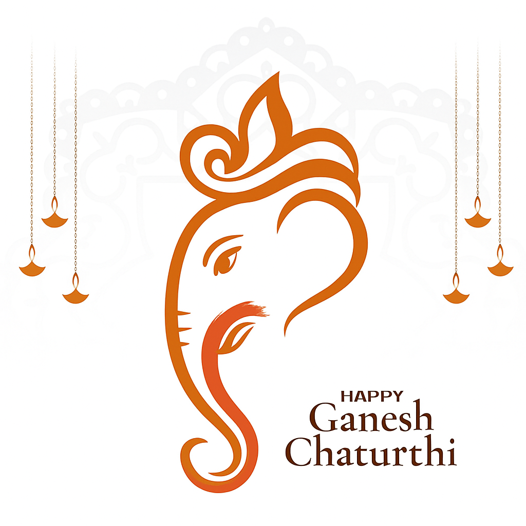 Elegant Ganesh Chaturthi Illustration with Decorative Motifs and Diyas